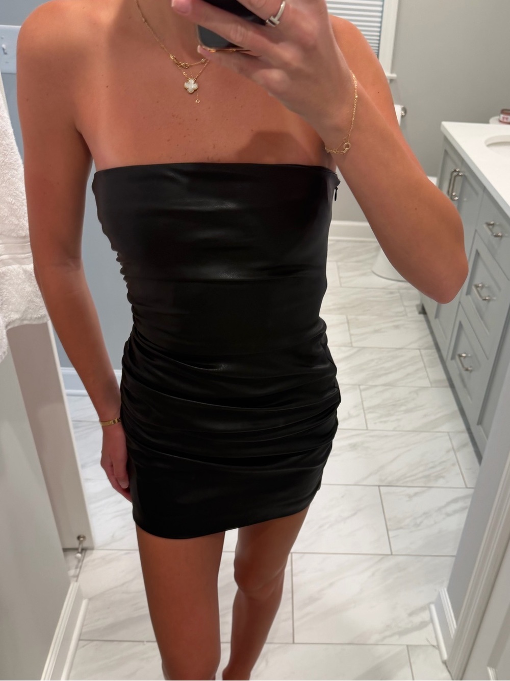 Zara Black Strapless Leather Ruched Mini Dress